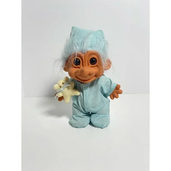 Russ Toys Vtg Large Russ Troll Doll Blue Stripe Bedtime